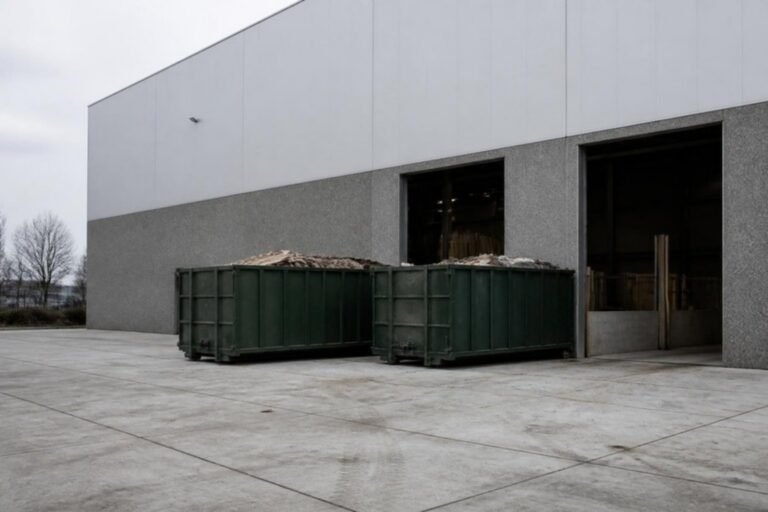 Containers bij een productiehal op een bedrijventerrein