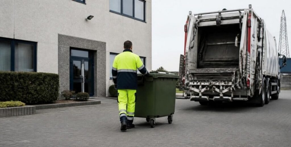 Chauffeur rijdt een rolcontainer naar de vuilniswagen bij een bedrijf