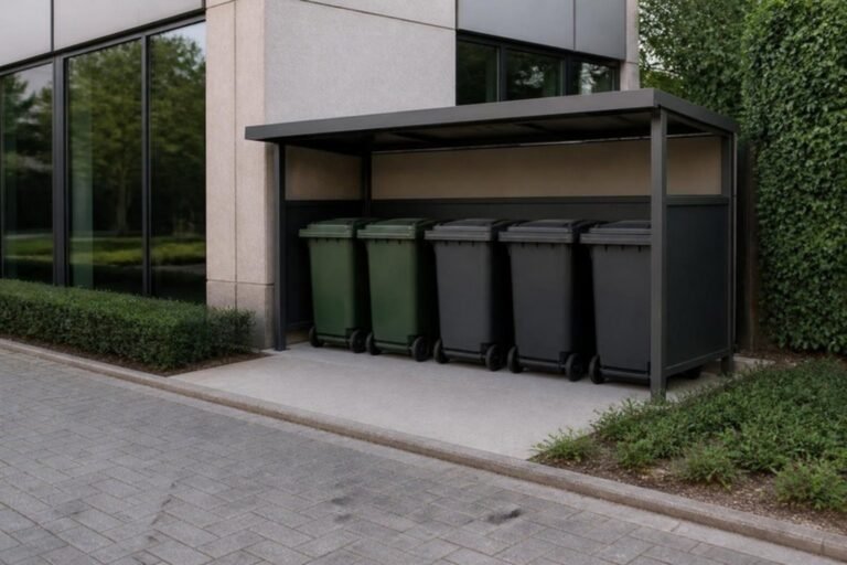 Rolcontainers in het afvallokaal van een kantoorgebouw