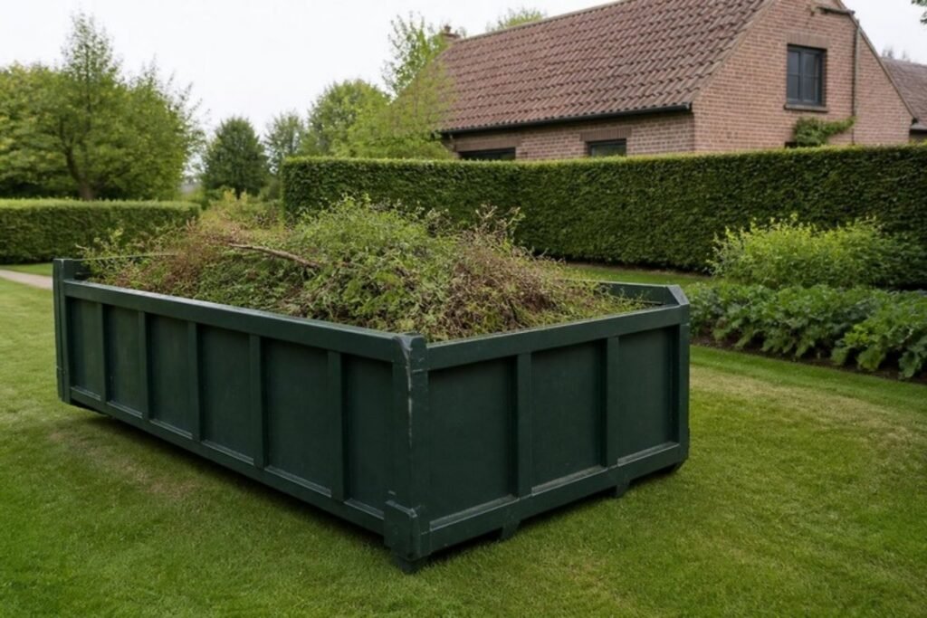 Container met snoeihout en tuinafval in een tuin