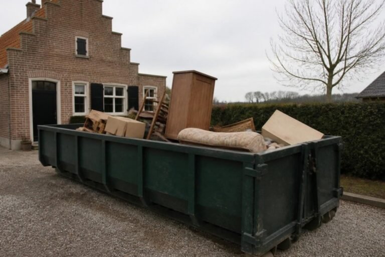 Container met grofvuil en oude meubels bij een woningontruiming