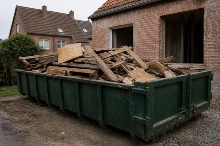 Container met houtafval: planken, balken en paletten
