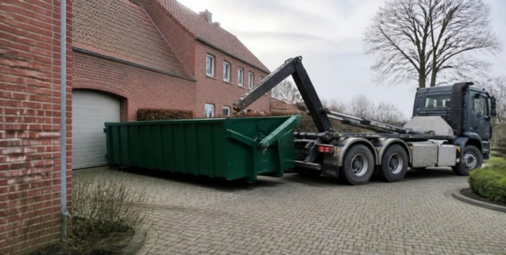 Vrachtwagen zet een groene afzetcontainer af op een oprit in Limburg