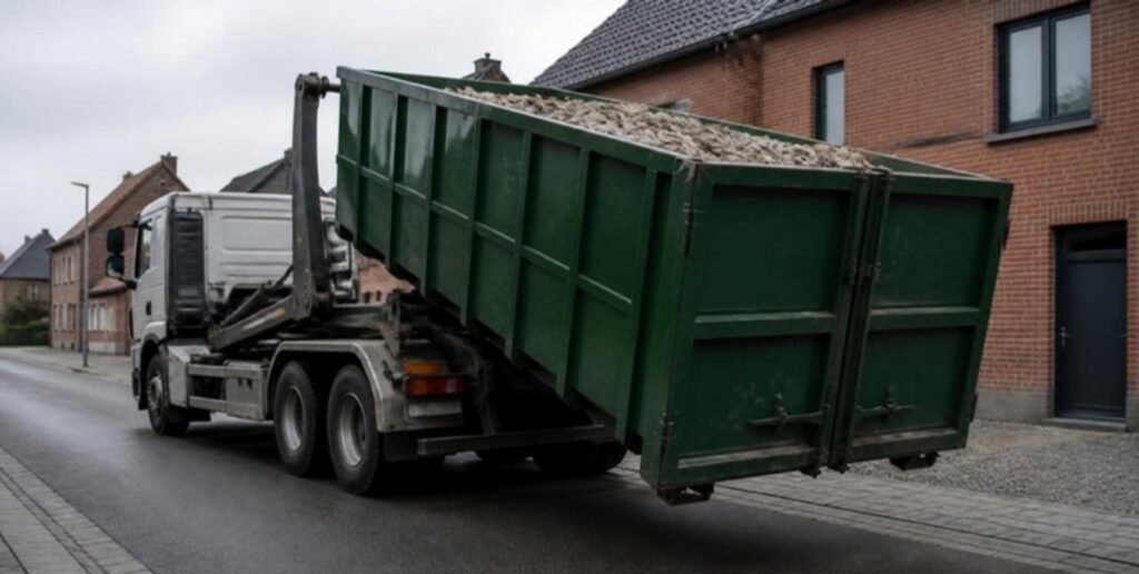 Vrachtwagen haalt een volle container op in een woonstraat
