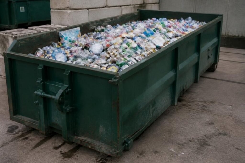 Container met PMD: flessen, blikjes en drankkartons