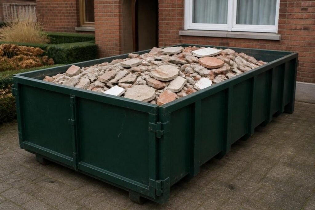Container met steenpuin: baksteen, beton en tegels