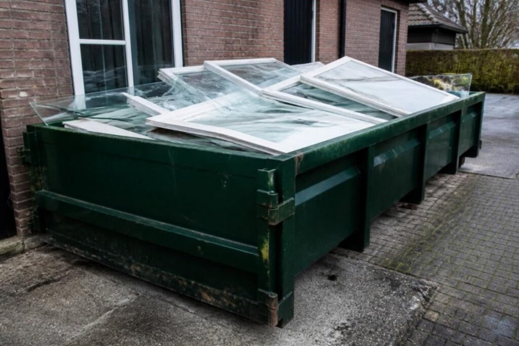 Container met oude ruiten en vlakglas