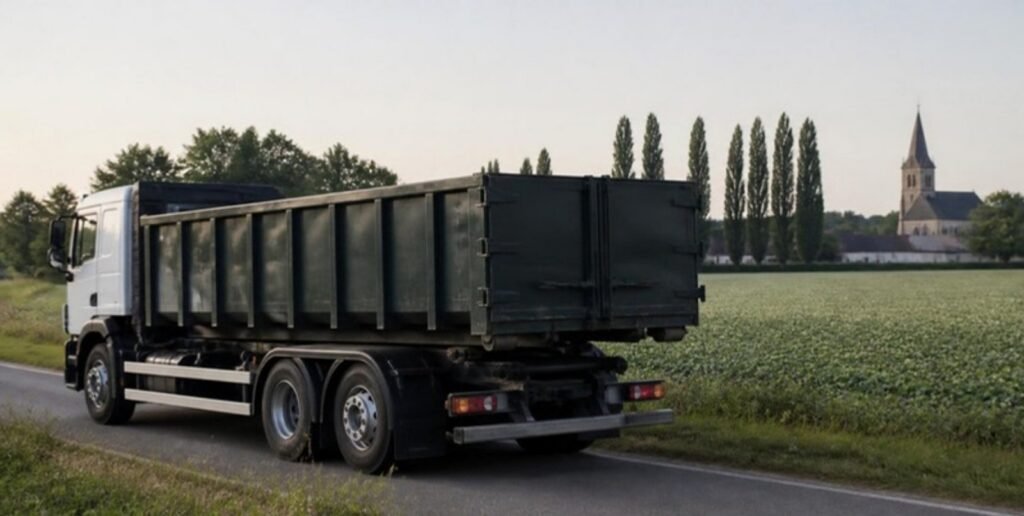 Vrachtwagen met container op een landweg in Limburg