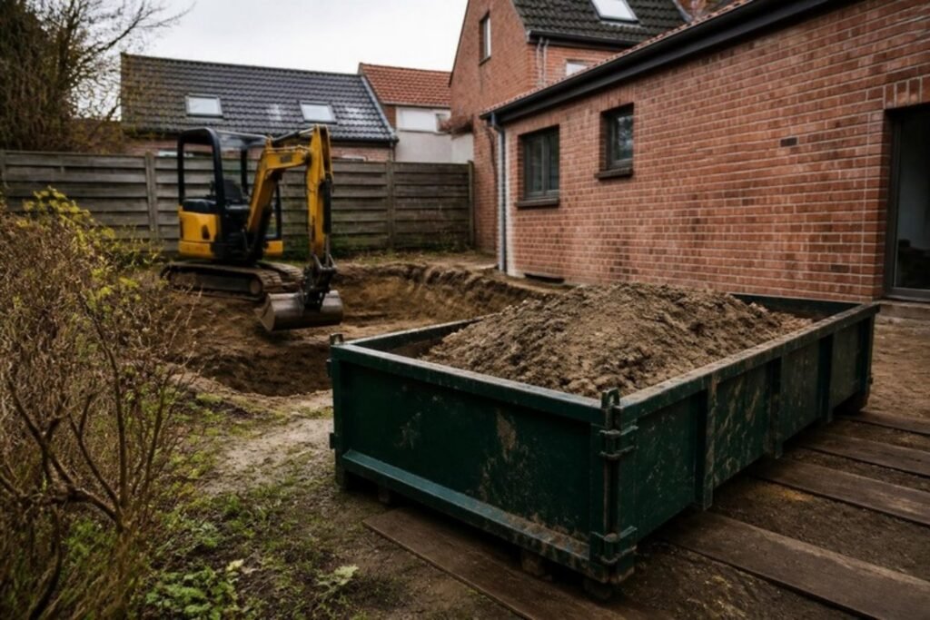 Container met uitgegraven grond bij tuinwerken
