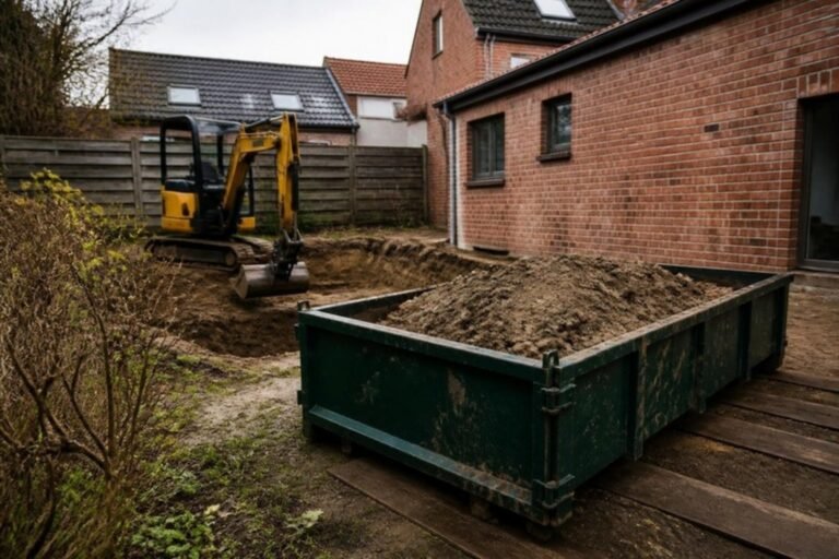 Container met uitgegraven grond bij tuinwerken
