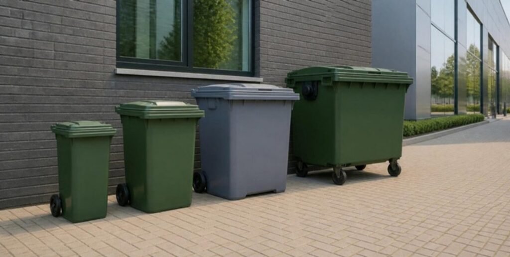Rolcontainers van 240, 660 en 1100 liter aan een bedrijfspand