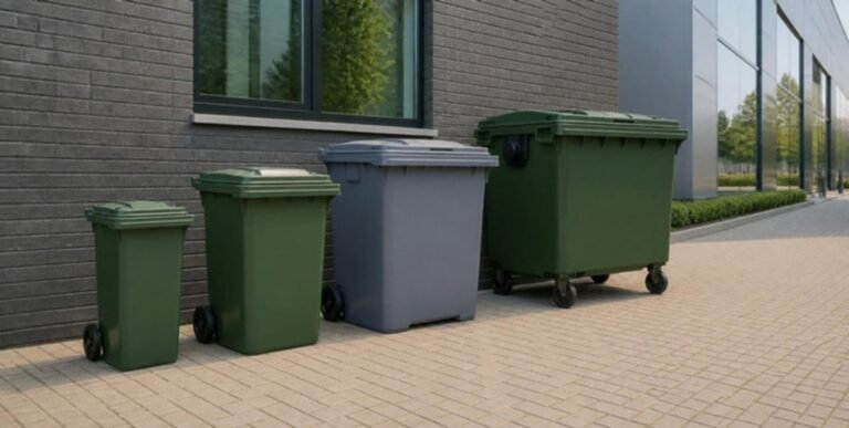 Rolcontainers van 240, 660 en 1100 liter aan een bedrijfspand