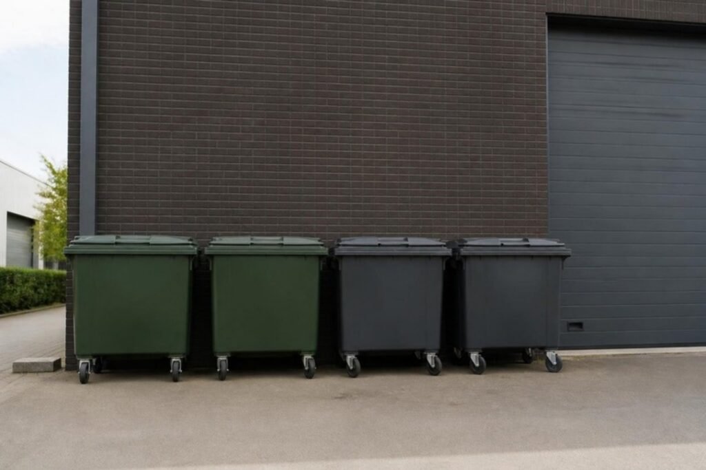 Vier rolcontainers van 1100 liter aan een bedrijfsgebouw