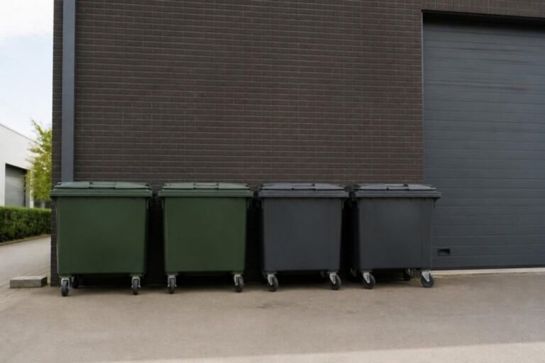Vier rolcontainers van 1100 liter aan een bedrijfsgebouw